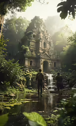 two people walking next to a waterfall in the woods