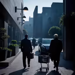 two men walk down an alley way as they push a shopping cart