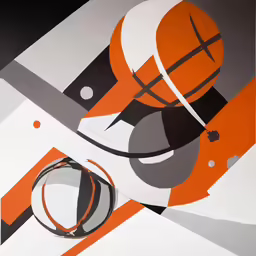 this is a basketball on an orange, white and black striped background