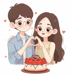 a couple standing next to a heart - shaped cake