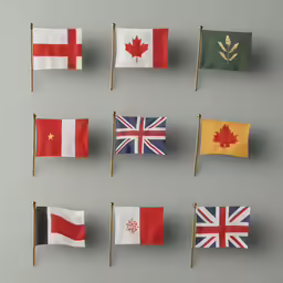 eight flags of different countries are on a metal rod