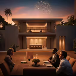 four people sitting around a large table outside at night