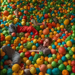 a woman lays on the ground in an artificial pool filled with fruit
