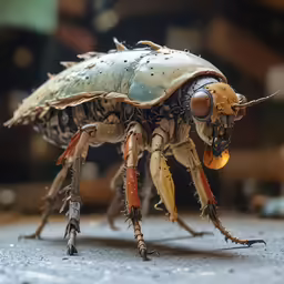 a close up of a large insect standing on top of a cement ground