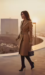 a woman standing on top of a sidewalk holding a purse