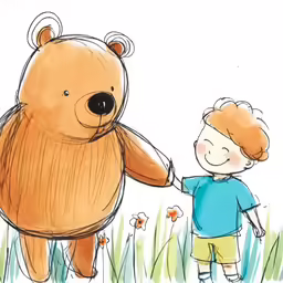 a young boy and a big brown teddy bear