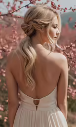 a woman in a dress, standing by some flowers