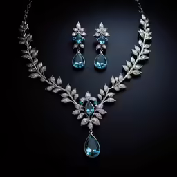 the necklace and ear rings is set with stones and leaves
