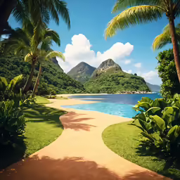 an empty pathway leads to a tropical island