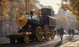a steam engine train going down the street