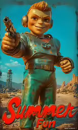 a poster that says summer fun with an older character holding a gun