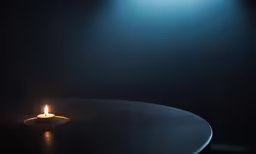 the lit candle is on the round table
