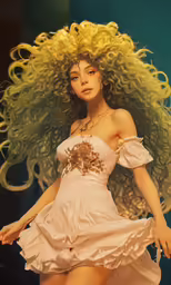 a blonde haired woman with long hair and pink dress