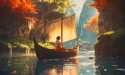 the girl is sitting on the boat in the water,a woman sits in a boat with a brown sail