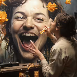 the image depicts a woman and an artificial creature eating pizza