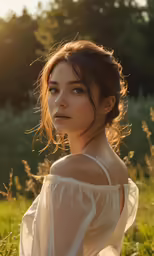 a woman is standing in the middle of a field wearing white dress