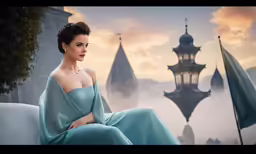 there is a woman in a dress that is sitting down