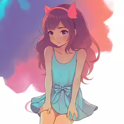 a girl in a blue dress sits with her knees crossed on the floor