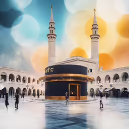 an illustration of people walking in front of a building