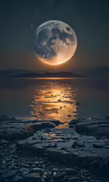an image of the full moon taken from a beach
