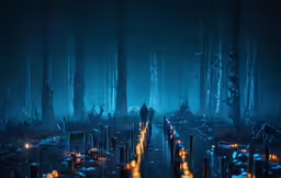 someone is standing by a path in the dark forest