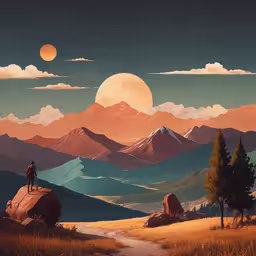 a person is standing on top of a mountain,a man riding on top of a large rock in the middle of a field
