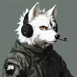 a wolf in an army jacket with headphones on