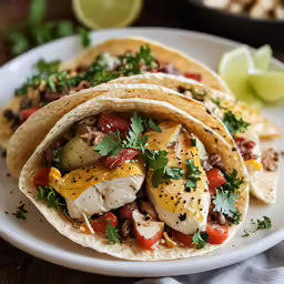 a plate filled with three tacos covered in sauce