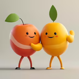 two little fruit characters are posed to pose for a picture