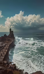 some water waves and clouds are above some rocks