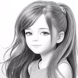 a little girl with long hair is wearing a gray top