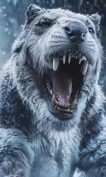 a bear is displaying its teeth while in the snow