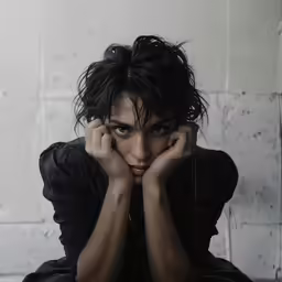 an image of a young woman with her head down