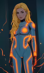 an animated female is shown with yellow neons on her body