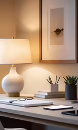 the lamp is on above the desk with three books and two plants