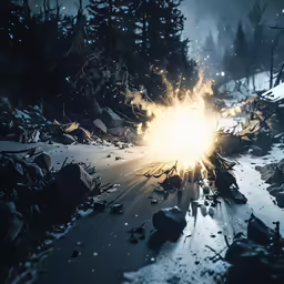 an abstract, distorted explosion in a dark snowy landscape