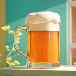 a mug of beer on a table in a kitchen