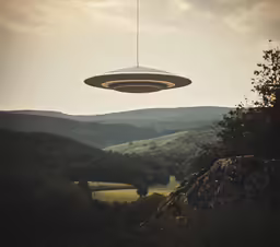 a view of an alien hovering over a green field