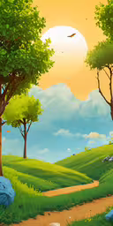 a painting of a cartoon landscape with a path going to a forest and a bird flying through the sky,a landscape with trees, rock and grass in the sunlight