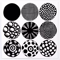 a black and white print with many circles on it,black and white circles are depicted against a white backdrop