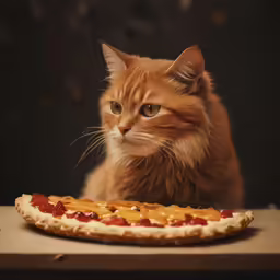 a cat looking up behind an unhealthy pizza
