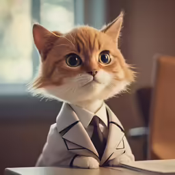 a cat wearing a suit sitting at a desk