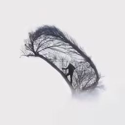 a person climbing up a tree in the fog