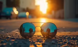 a pair of sunglasses resting on the ground near the road