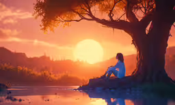 woman sitting under the tree at sunset looking out,the woman sits on a rock as the sun sets