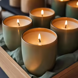 a close up of many lit candles in a box