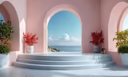 an arch entrance with large pots on the outside