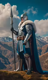 an old statue of a knight is standing on a hill
