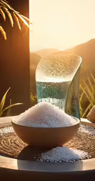 a large glass jar is sitting next to a bowl of rice