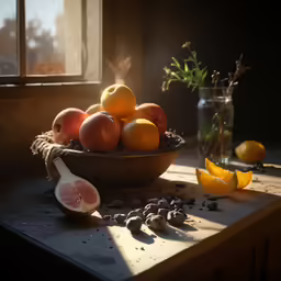 a bowl with oranges sitting on a table next to some nuts and fruit